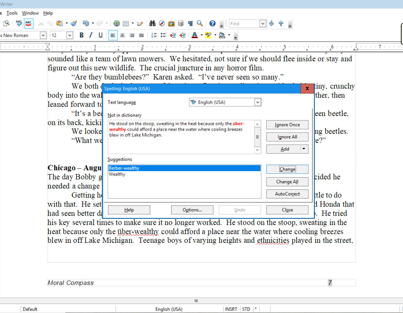Screen shot of electronic document with spell checking application
