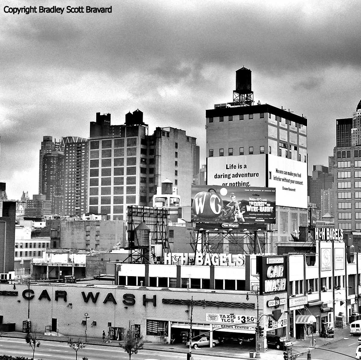 Black and white photograph of New York City street scene