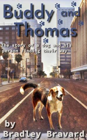 Cover of Buddy and Thomas novella, with illustration of a beagle walking on a city street.