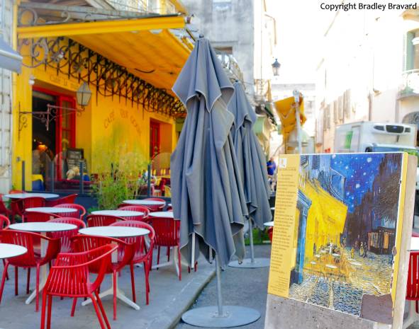 Van Gogh easel in Arles, France, in front of the Cafe Van Gogh
