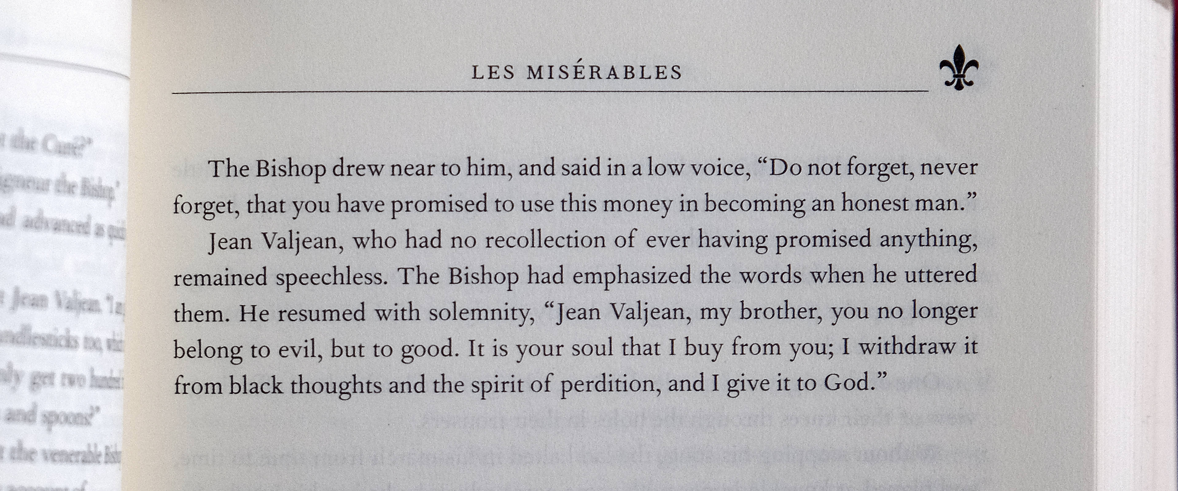 Photo of partial page from print edition of Les Miserables by Victor Hugo.