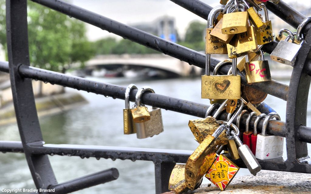 Padlocks attached to bridge over the Seine River in Paris