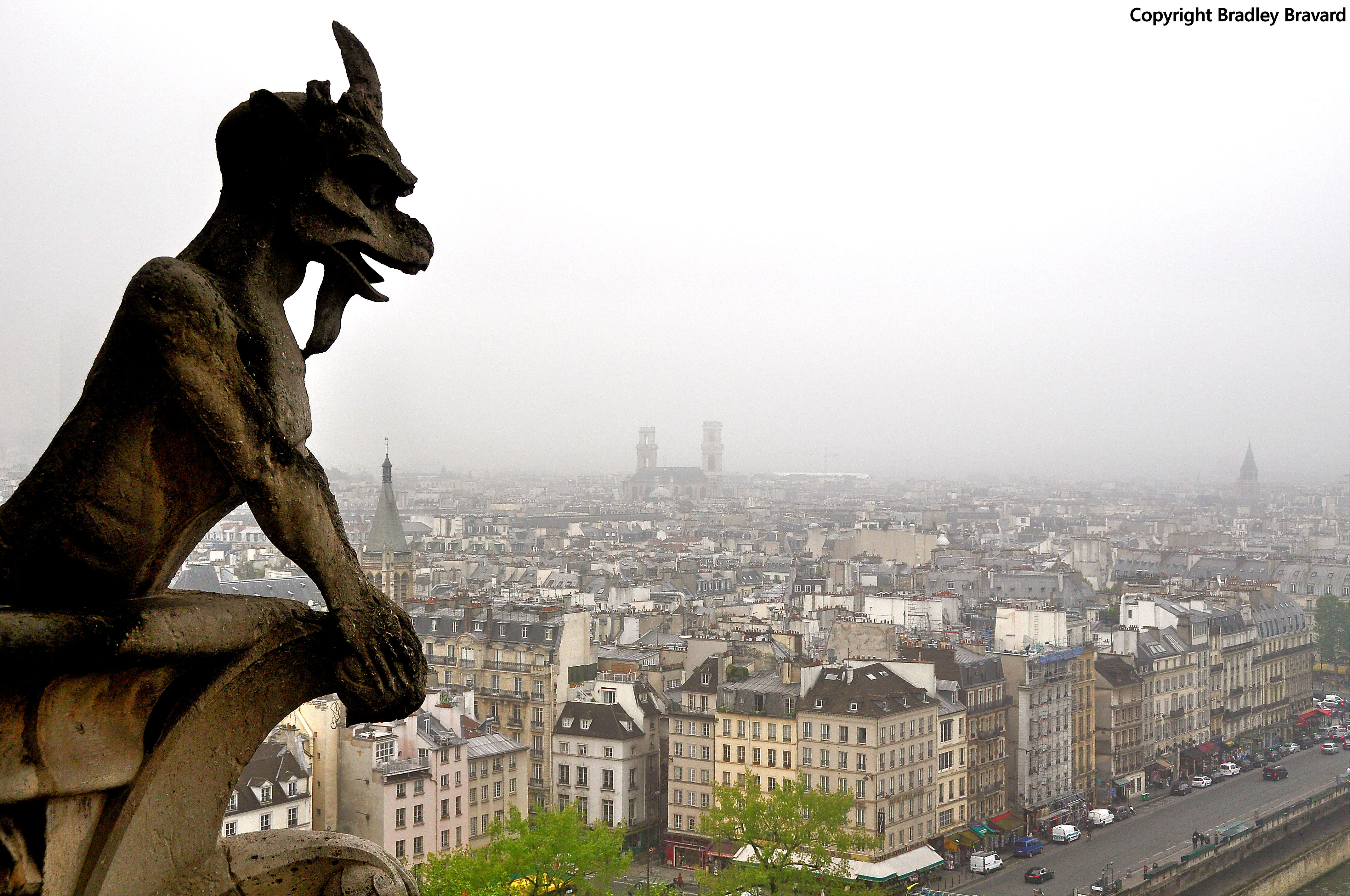 Color photo of Paris viewed from the roof of Notre Dame, showing a stone gargoyle in the foreground