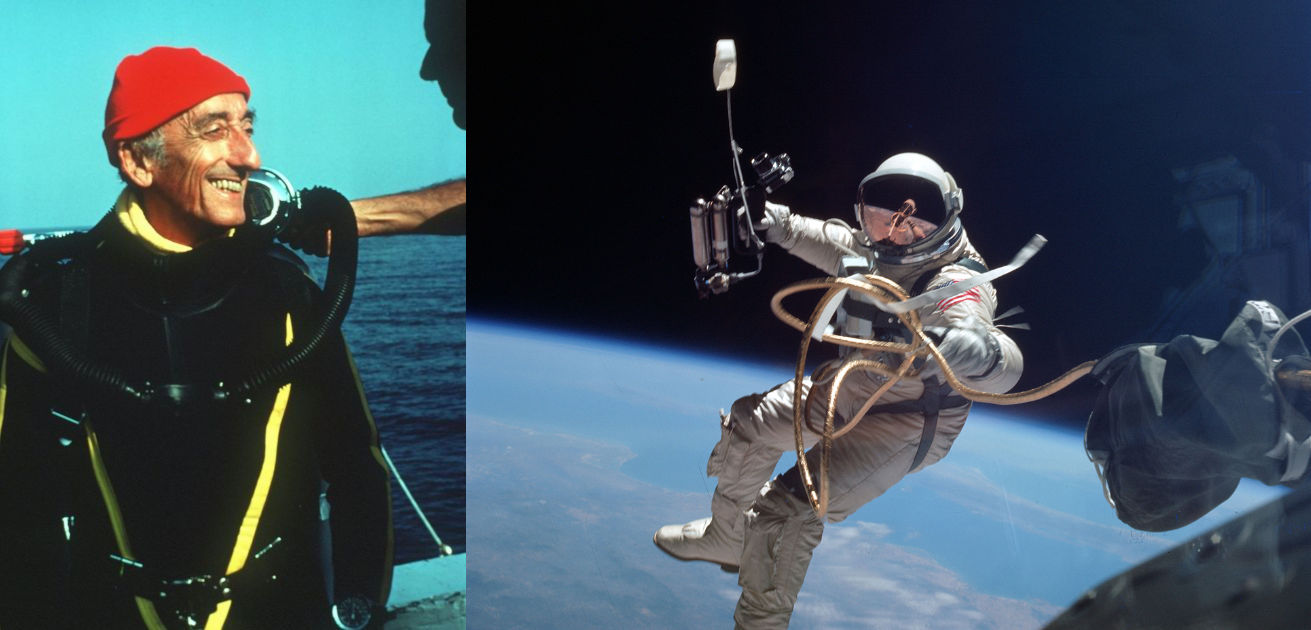 Two photographs, with ocean explorer Jacques Cousteau on the left, and a Gemini astronaut in earth orbit during a spacewalk on the right