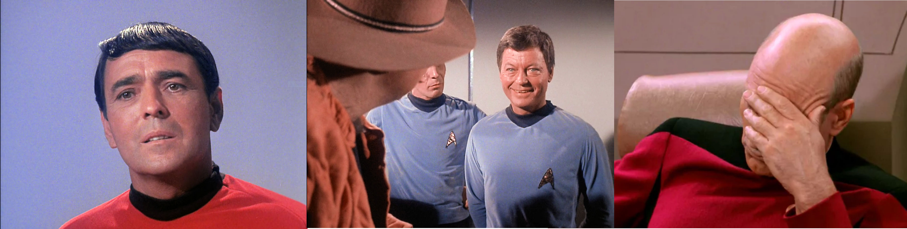 Star Trek screen shots showing, from left to right, Mr. Scott from the original series, Dr. McCoy from the original series, and Captain Picard from The Next Generation