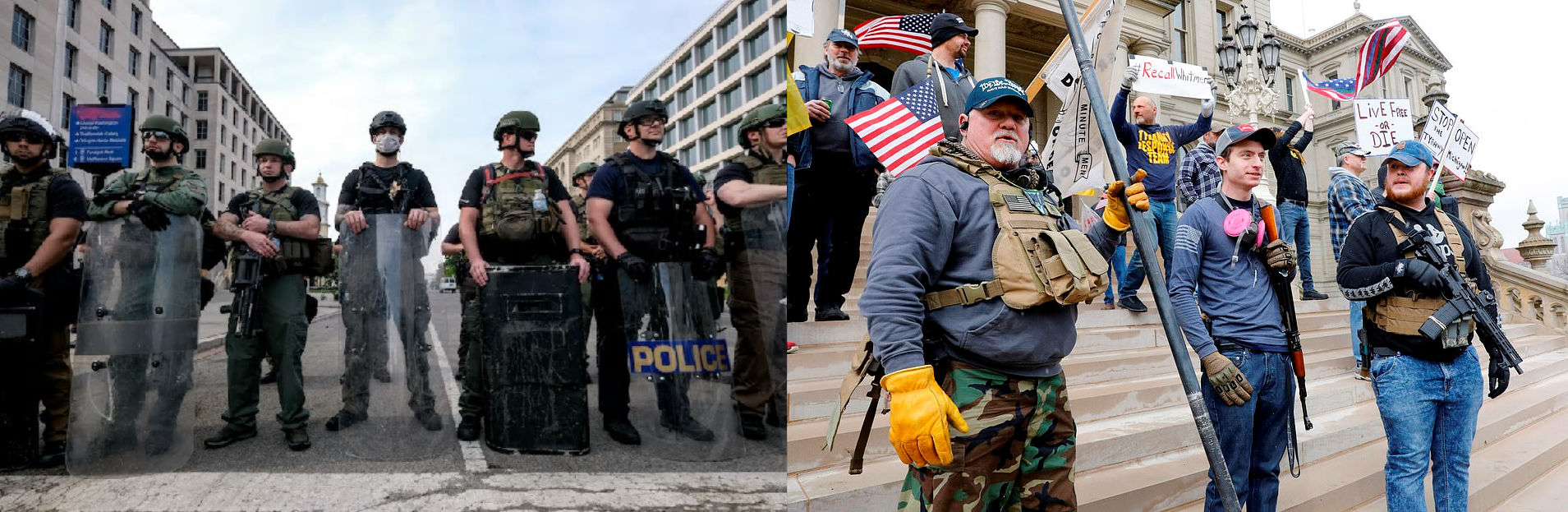 Photo of heavily armed law enforcement personnel on left and heavily armed civilian protestors on right