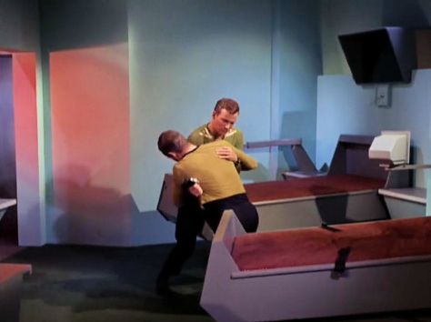 Screenshot from Star Trek episode "The Enemy Within" showing good Kirk and bad Kirk in combat