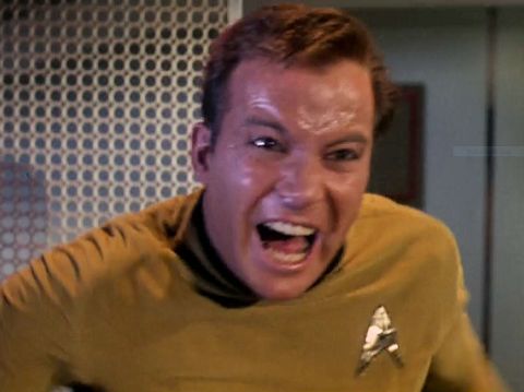 Screenshot from Star Trek episode "The Enemy Within" showing angry Kirk yelling