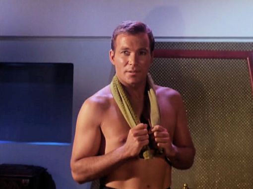 Screenshot from Star Trek episode "The Enemy Within" showing Kirk without shirt