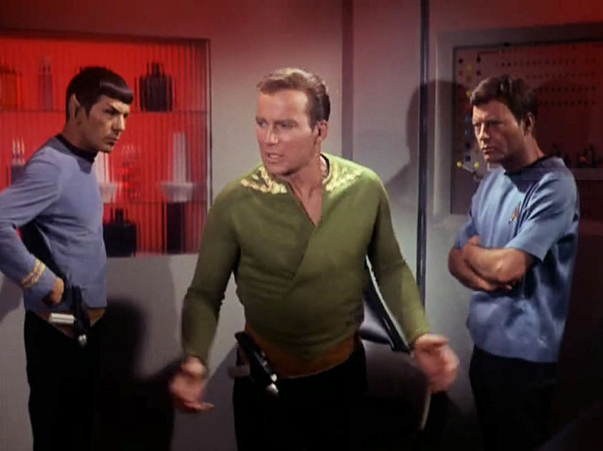 Screenshot from Star Trek episode "The Enemy Within" showing Spock, Kirk, and McCoy