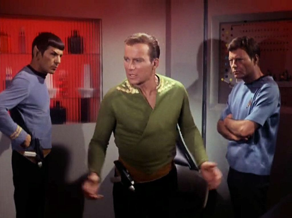 Screenshot from Star Trek episode "The Enemy Within" showing Spock, Kirk, and McCoy