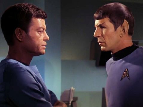 Screenshot from Star Trek episode "The Enemy Within" showing McCoy and Spock