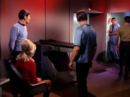 Screenshot from Star Trek episode "The Enemy Within" with Spock, Rand, McCoy, Kirk, and eyewitness crew member