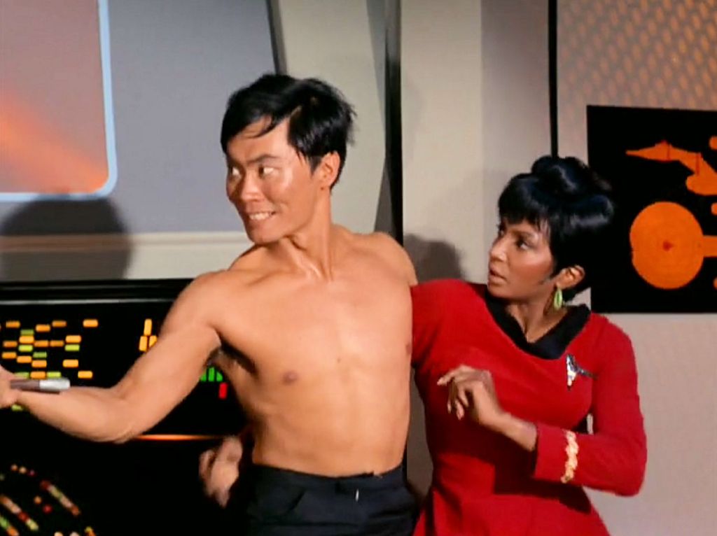 Screen shot from Star Trek episode "The Naked Time" showing Sulu and Uhuru
