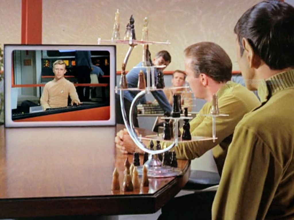 Screen shot from Star Trek episode "Where No Man Has Gone Before" showing Kirk and Spock watching flat screen monitor