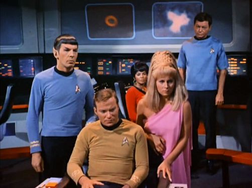Image from Star Trek episode Charlie X showing, left to right, Spock, Kirk, Uhuru, Rand, and McCoy on bridge of Enterprise