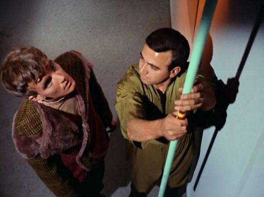 Image from Star Trek episode Charlie X showing Charlie with unidentified crewman