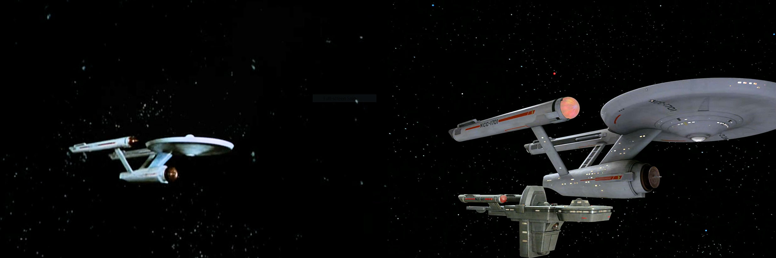 Image of USS Enterprise from Star Trek episode Charlie X, original version on left, remastered version on right