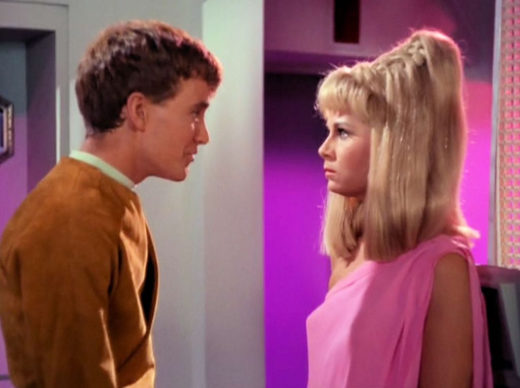 Image from Star Trek episode Charlie X with, left to right, Charlie and Yeoman Rand