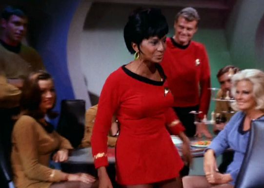 Image from Star Trek episode Charlie X showing Uhuru dancing in rec room
