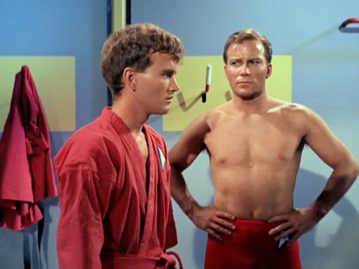 Image from Star Trek episode Charlie X showing, left to right, Charlie and Kirk