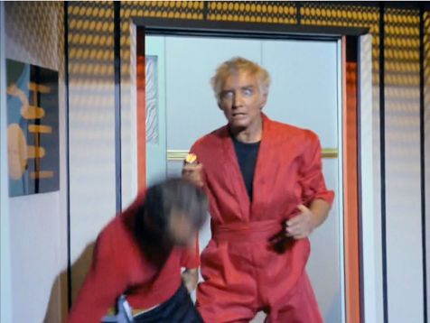 Image from Star Trek episode Dagger of the Mind, showing Van Gelder assaulting a security officer