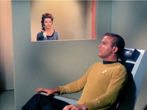 Image from Star Trek episode Dagger of the Mind showing Noel and Kirk in the neural neutralizer