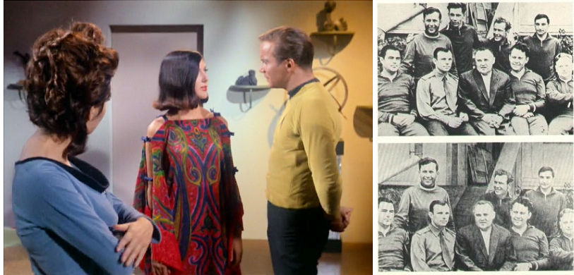 Left: Image from Star Trek episode Dagger of the Mind showing Noel, Lethe, and Kirk; Right: Before and after image of Soviet cosmonauts showing removal of Valentin Bondarenko after his death