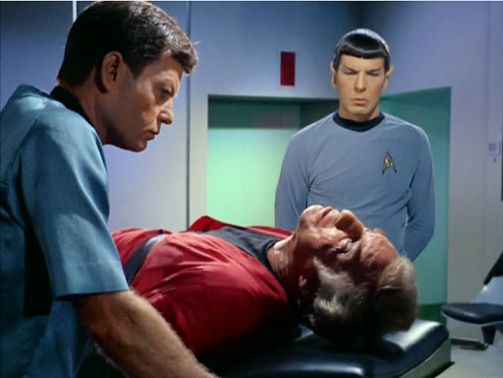 Image from Star Trek episode Dagger of the Mind showing McCoy, Van Gelder, and Spock in sickbay