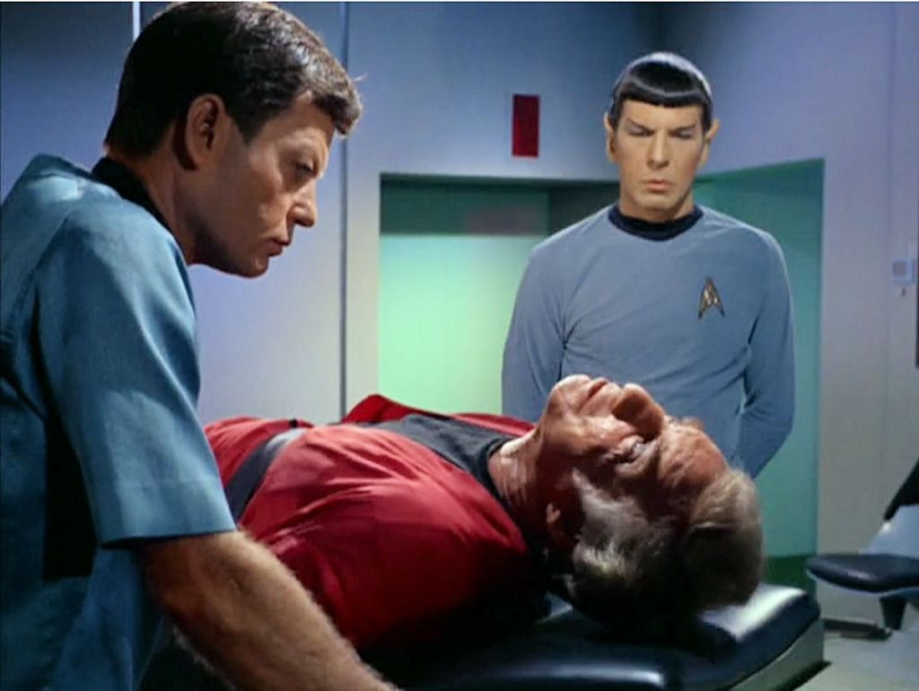 Image from Star Trek episode Dagger of the Mind showing McCoy, Van Gelder, and Spock in sickbay