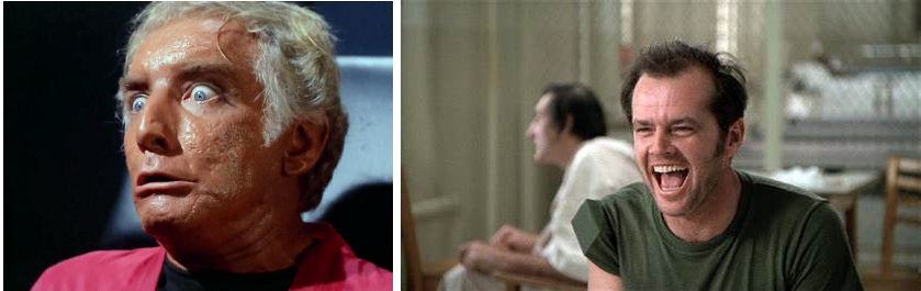 Image from Star Trek episode Dagger of the Mind showing closeup of Van Gelder, and image from movie One Flew Over the Cuckoo's Nest showing Jack Nicholson's McMurphy