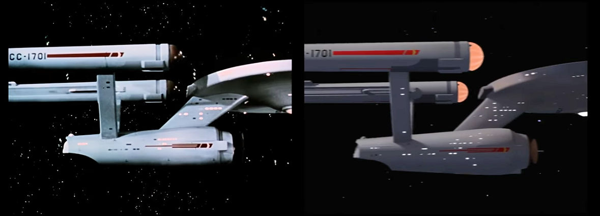 Images of the USS Enterprise from Star Trek episode The Man Trap showing original version on left and remastered version on right