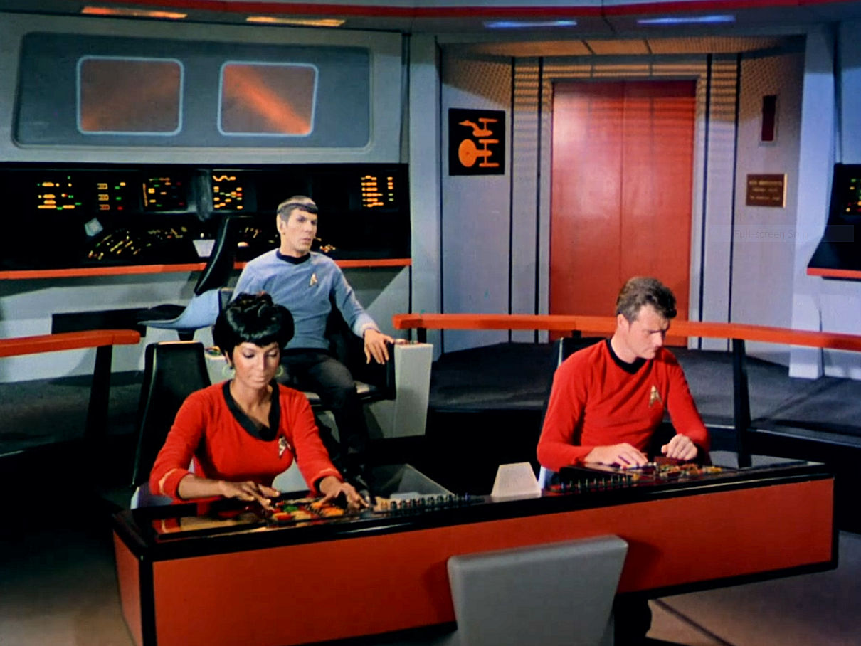 Image from Star Trek episode The Man Trap showing (left to right) Uhuru, Spock, and unknown officer on bridge