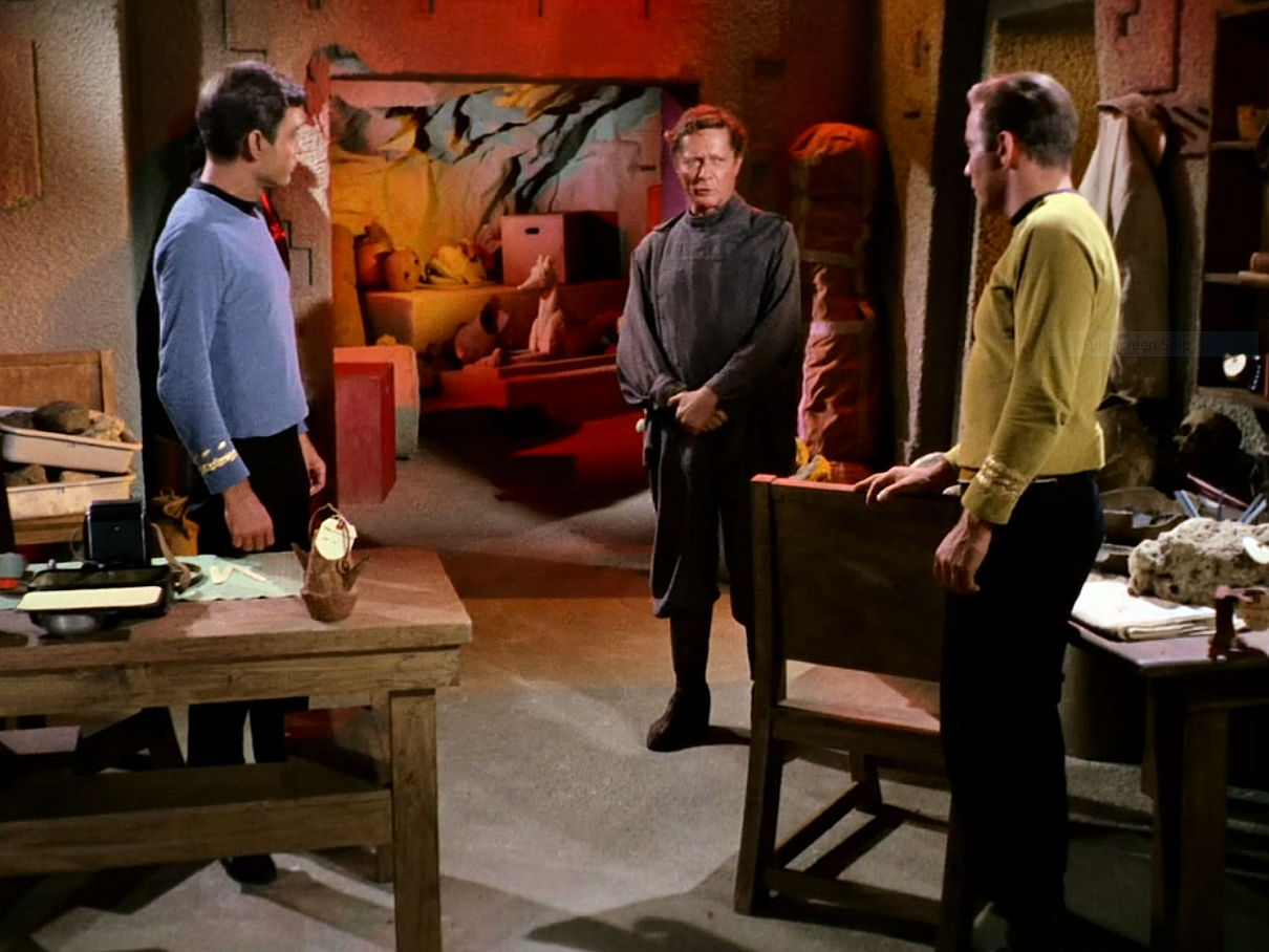 Image from Star Trek episode The Man Trap showing, left to right, McCoy, Professor Crater, and Kirk