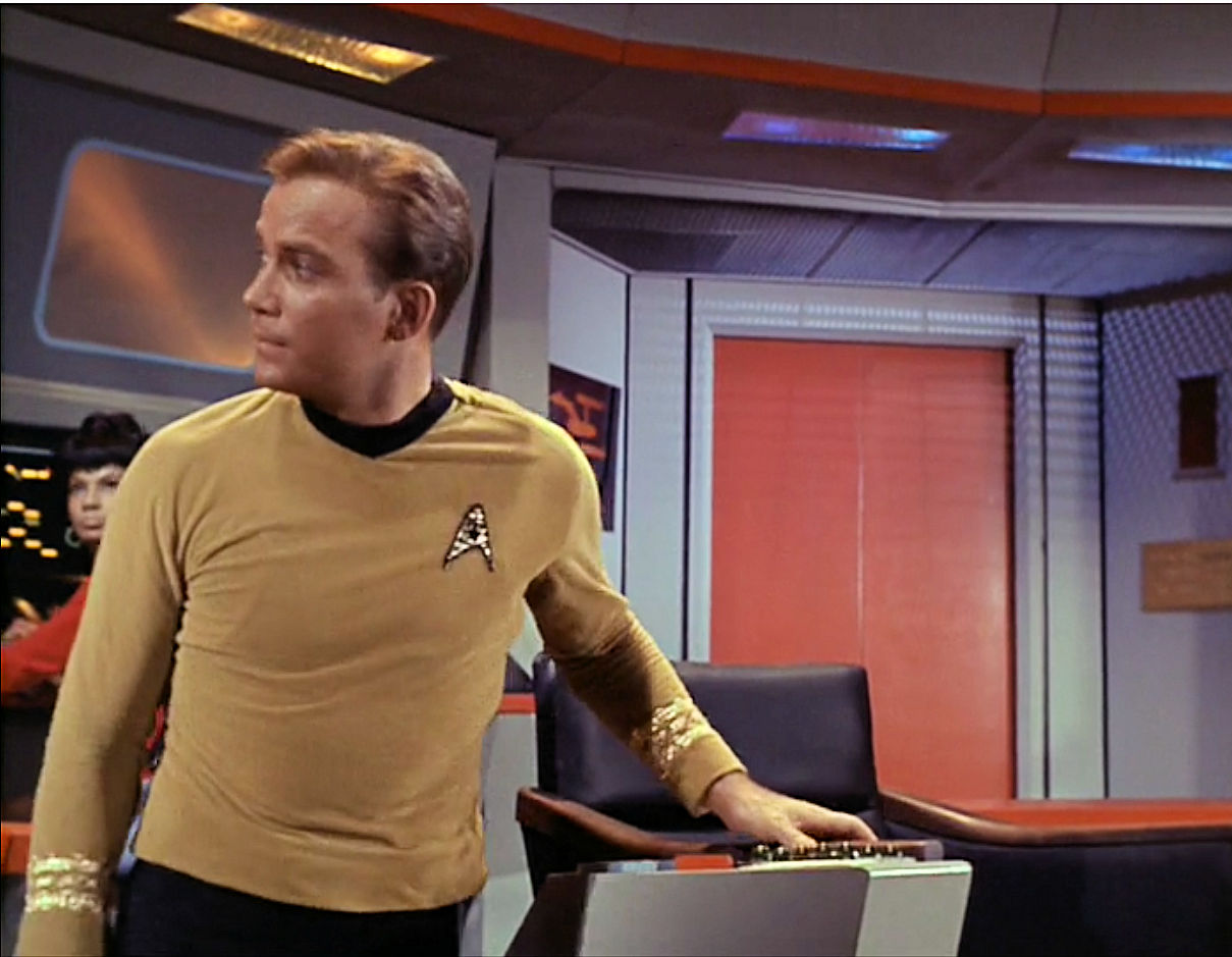 Image from Star Trek episode The Man Trap showing Kirk on Enterprise bridge