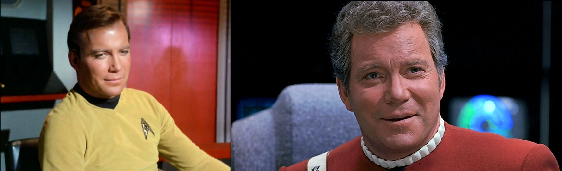 Image of Kirk from Star Trek episode Miri next to image of Kirk from Star Trek VI: The Undiscovered Country