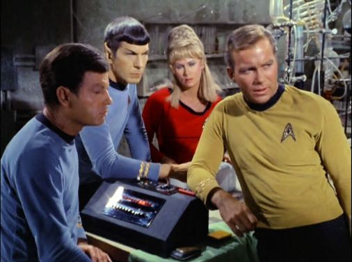 Image from Star Trek episode Miri showing McCoy, Spock, Rand, and Kirk