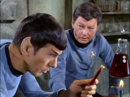 Image from Star Trek episode Miri showing Spock and McCoy