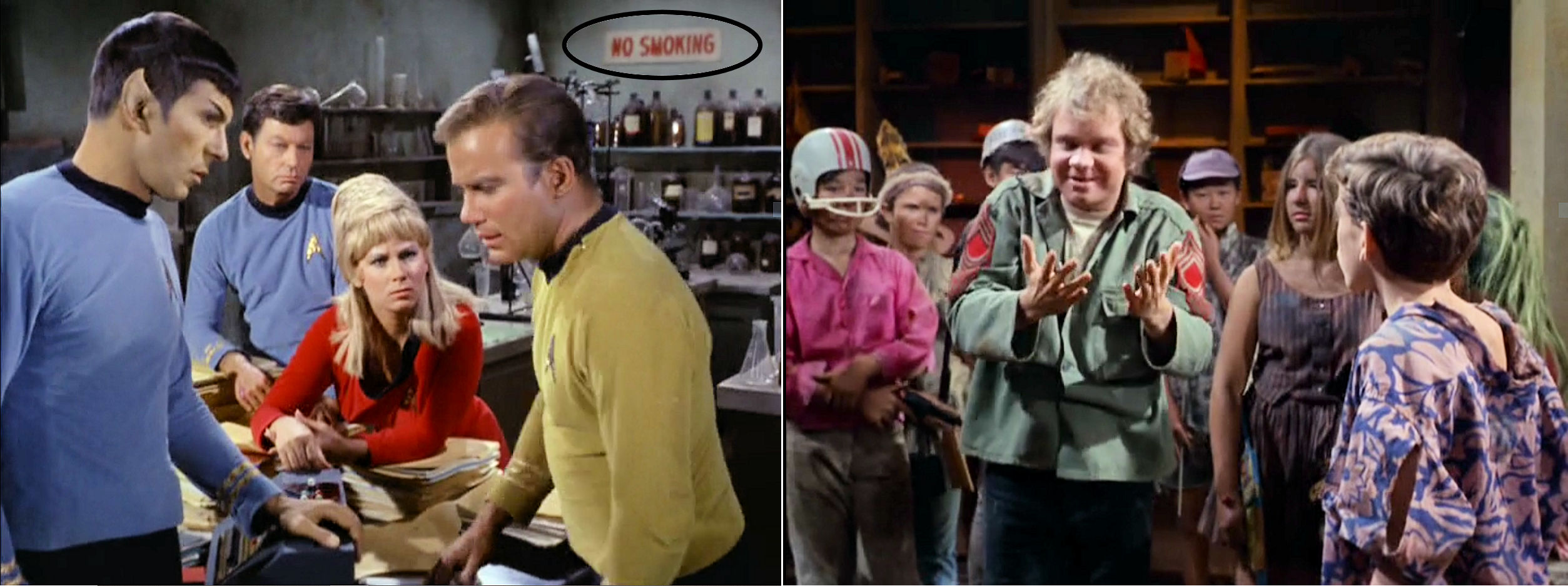 Images from Star Trek episode Miri, one showing Spock, McCoy, Rand, and Kirk in lab with No Smoking sign; another with a group of children