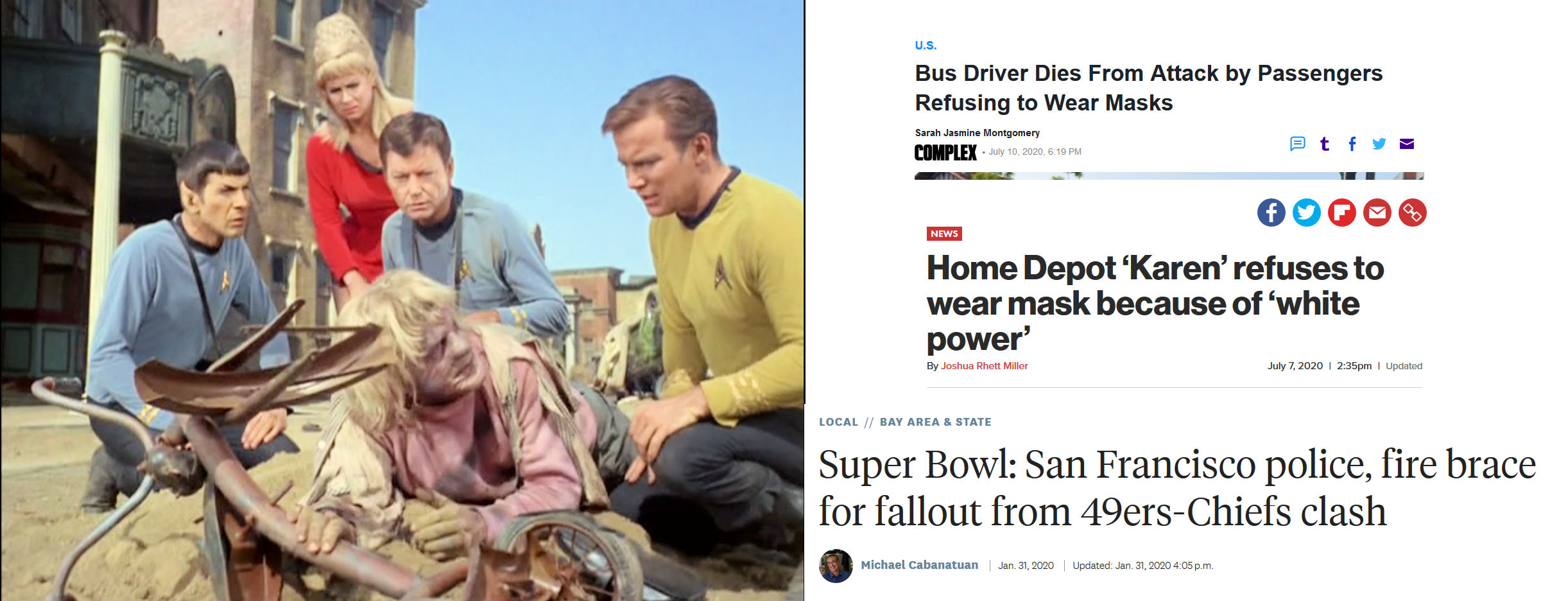 Image from Star Trek episode Miri, showing crew comforting dying victim, next to news headlines of childish adult behavior