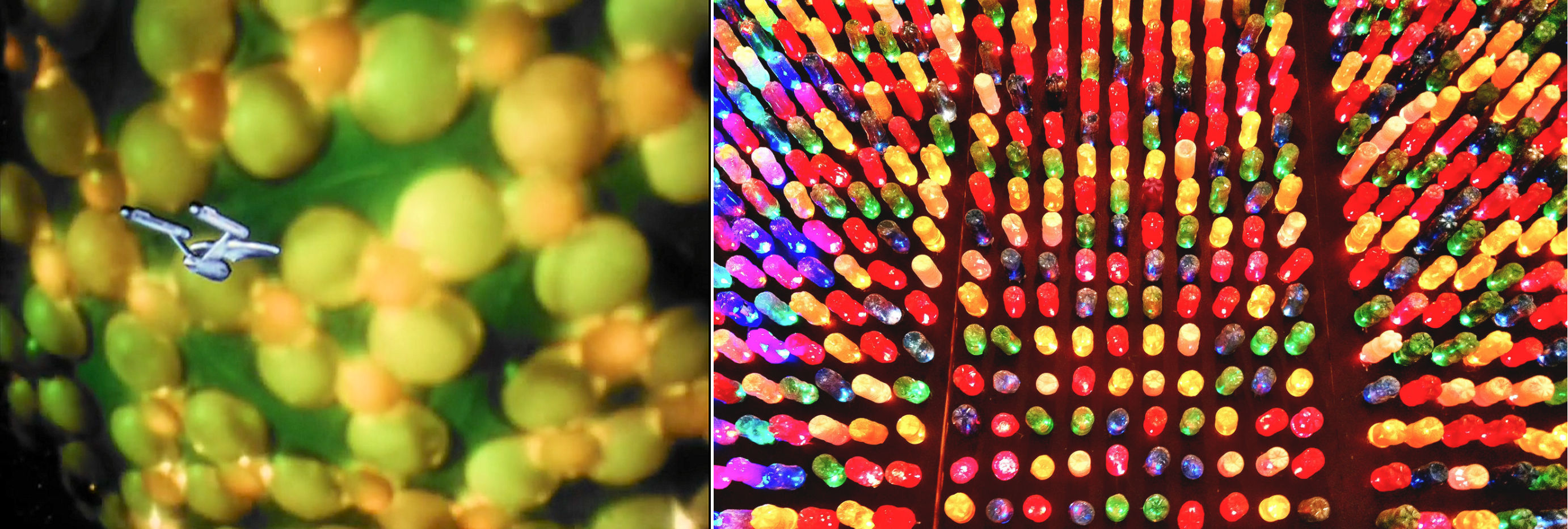 Left: Image from Star Trek episode The Corbomite Maneuver with Enterprise in front of Fesarius, right: photo of Lite-Brite toy