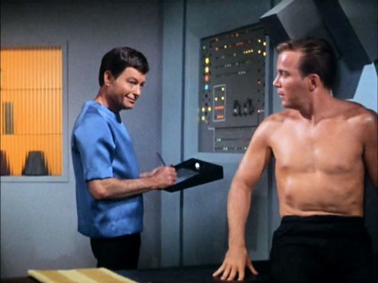 Image from Star Trek episode The Corbomite Maneuver with McCoy and Kirk in sickbay