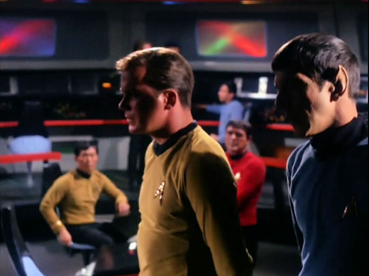 Image from Star Trek episode The Corbomite Maneuver showing Kirk and Spock on Enterprise bridge