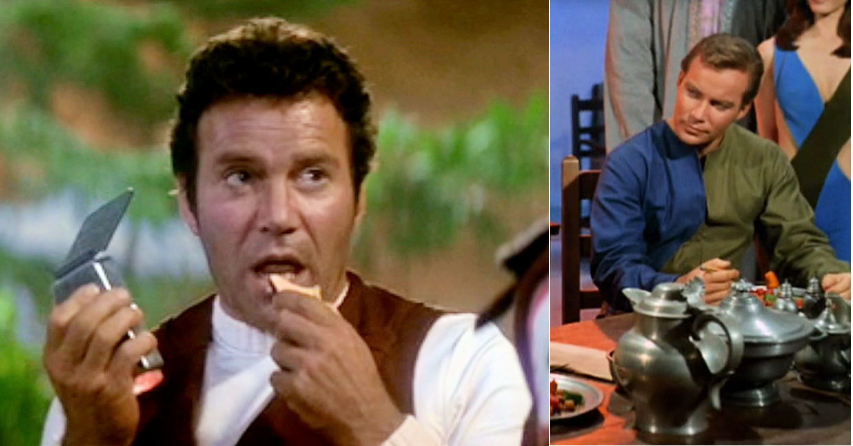 Left: Image from Star Trek II: The Wrath of Khan showing Kirk eating apple, Right: Image from Star Trek episode What Are Little Girls Made Of showing Kirk eating lunch