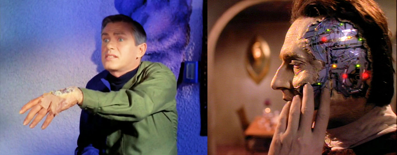Left: Image from Star Trek episode What Are Little Girls Made Of showing Korby with damaged hand; Right: Image from Star Trek: The Next Generation showing Data with damaged face
