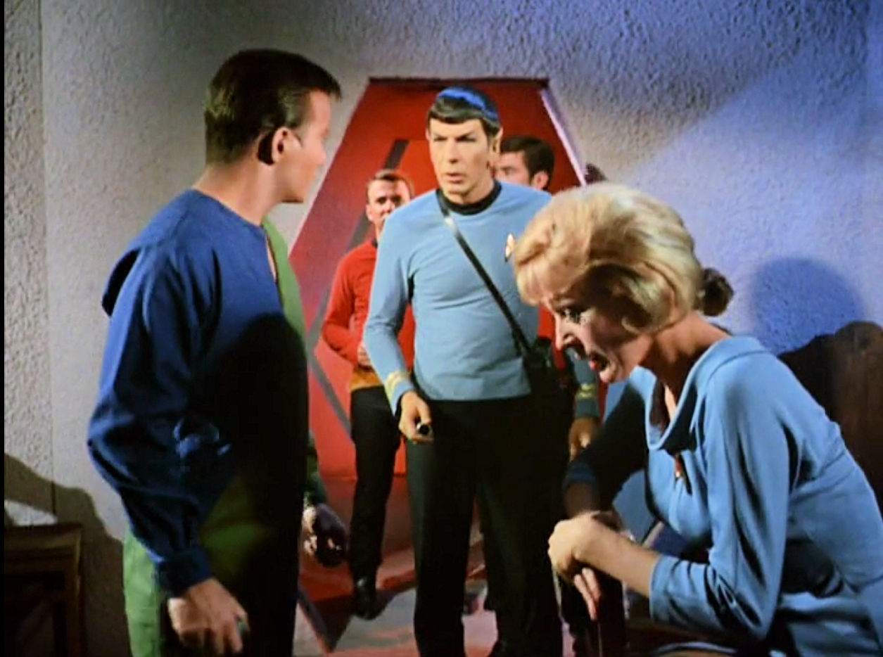 Image from Star Trek episode What Are Little Girls Made Of showing Kirk, Spock, and Chapel