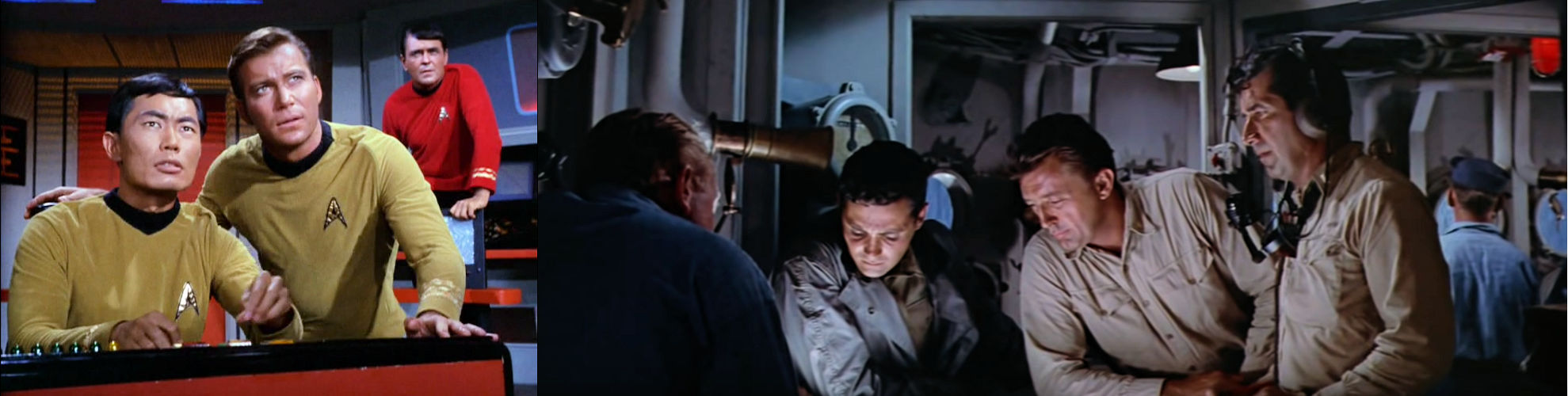 Image from Star Trek episode Balance of Terror (left) showing Sulu, Kirk, and Scott on bridge; image from movie The Enemy Below (right) showing Robert Mitchum and supporting cast members on bridge of naval vessel