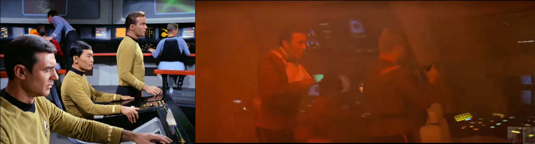 Kirk walking bridge of the Enterprise in Star Trek episode Balance of Terror (left) and Star Trek II: The Wrath of Khan (right)