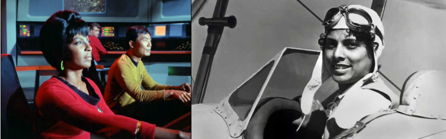 Left: Image from Star Trek episode Balance of Terror showing Uhuru and Sulu at helm; Right: Photo of Willa Brown in airplane cockpit