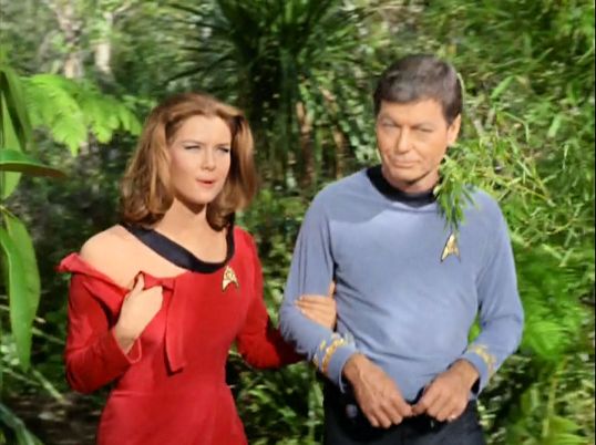 Image from Star Trek episode Shore Leave with Barrows (left) and McCoy (right) on shore leave planet